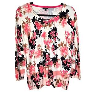 Talbots Cardigan Sweater Women's L Coral Black Floral Classic Career Romantic